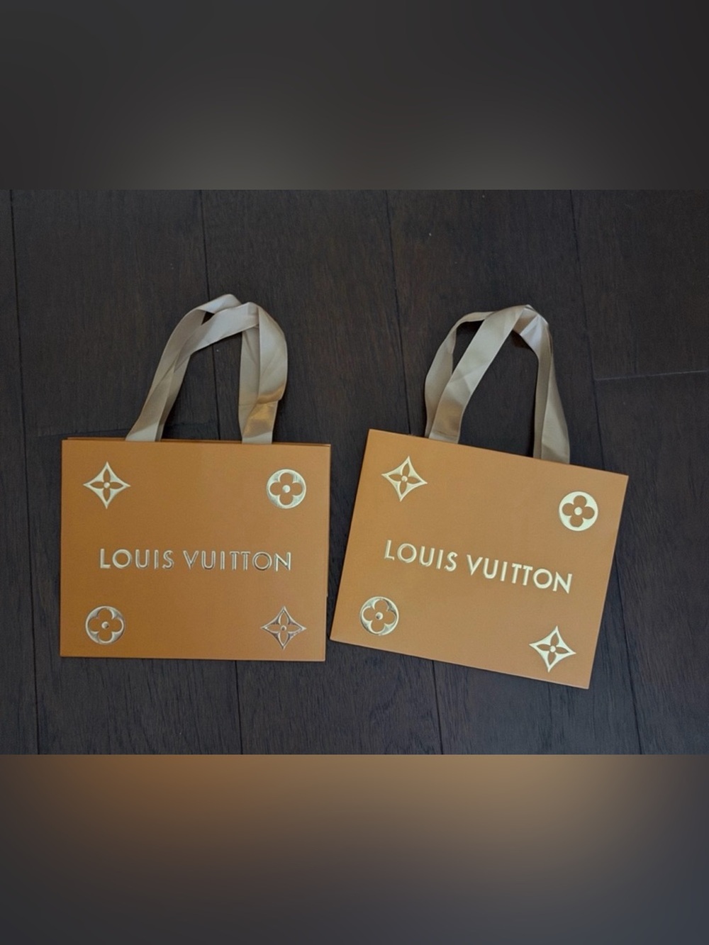 2 Louis Vuitton Tan and Gold Gift Bags